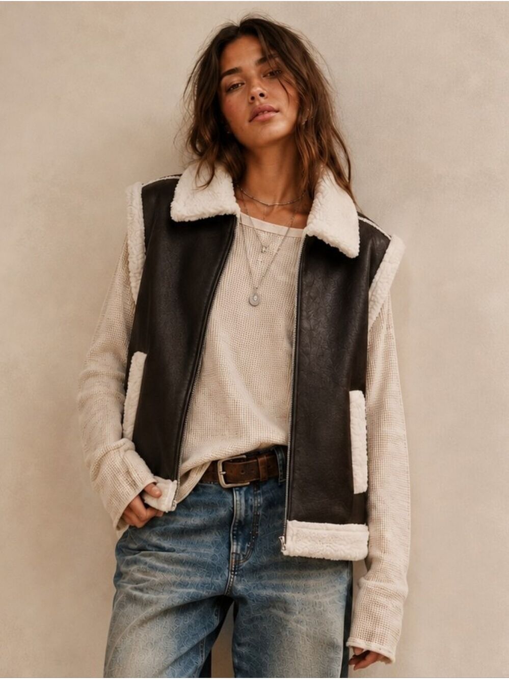 ALMOST FAMOUS FAUX SUEDE SHEARLING VEST ESPRESSO BROWN BOHO LARGE